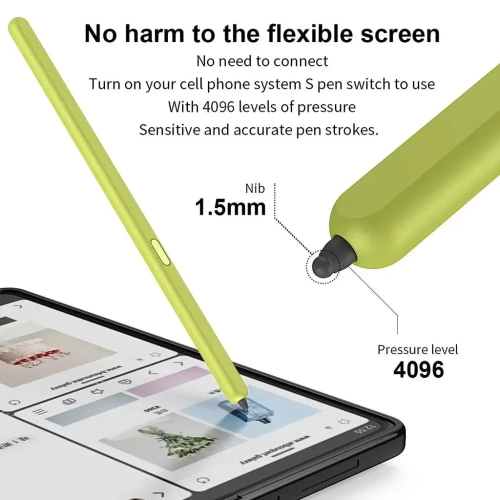 Green stylus touching Samsung Z Fold3 screen showing 1.5mm nib and 4096 pressure levels best stylus for Samsung Z Fold3