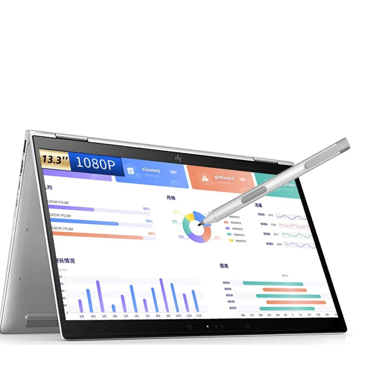 HP EliteBook stylus used on a laptop touchscreen for drawing and data analysis charts