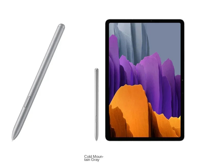 Samsung Galaxy Tab S8 S Pen Bluetooth in Cold Mountain Gray shown next to the tablet screen