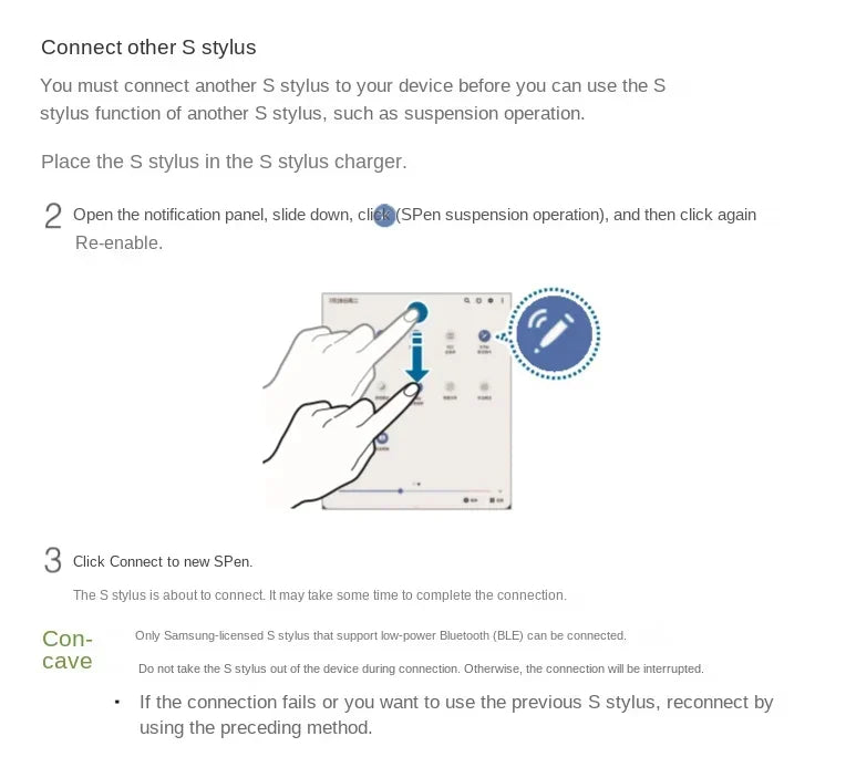 Instructions connecting Samsung Galaxy Tab S8 S Pen Bluetooth showing touchscreen steps to enable S Pen suspension operation