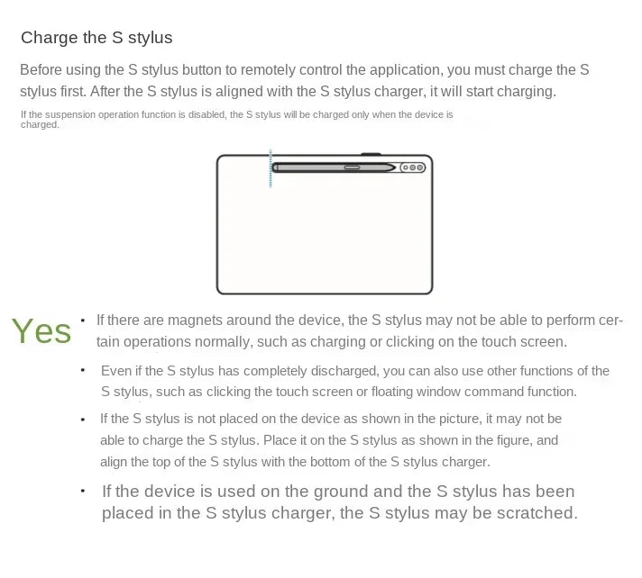 Instruction image showing how to charge the Samsung Galaxy Tab S8 S Pen Bluetooth with S stylus charger alignment