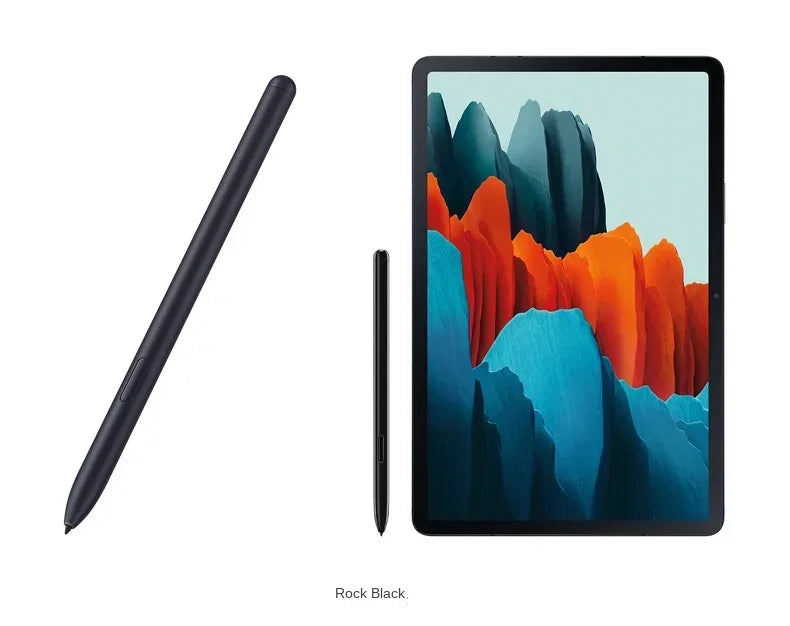 Samsung Galaxy Tab S8 S Pen Bluetooth stylus in rock black with tablet showing colorful mountain wallpaper